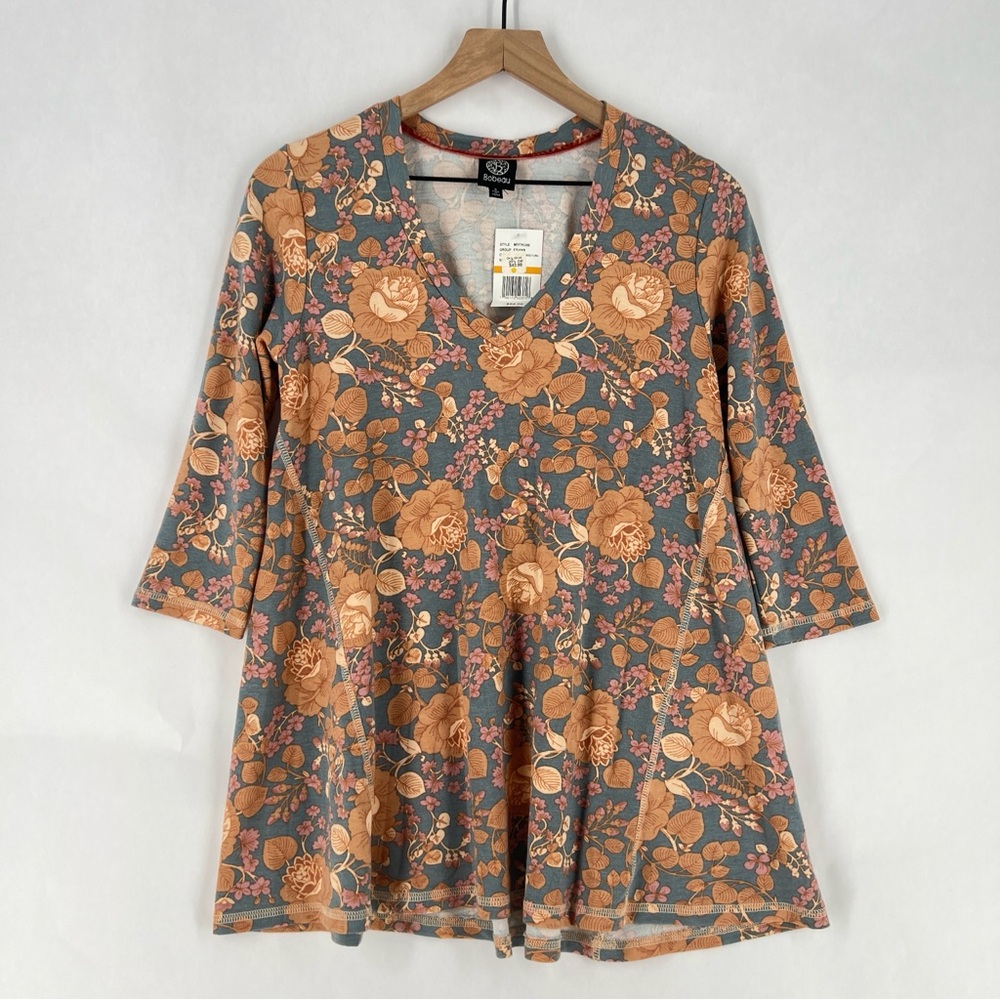 Bobeau Soft Floral 3/4 Sleeve V-Neck Relaxed Fit Swing Tunic Top NWT Size S